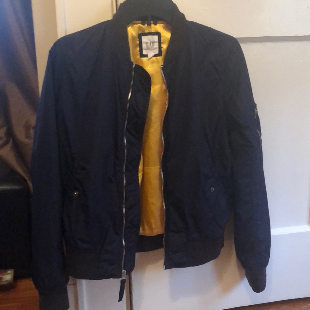 blue navy and gold  bomber jacket